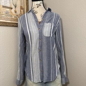 Anthropologie Maeve Striped Blue Viscose Button Up Beach Top Women’s Size XS